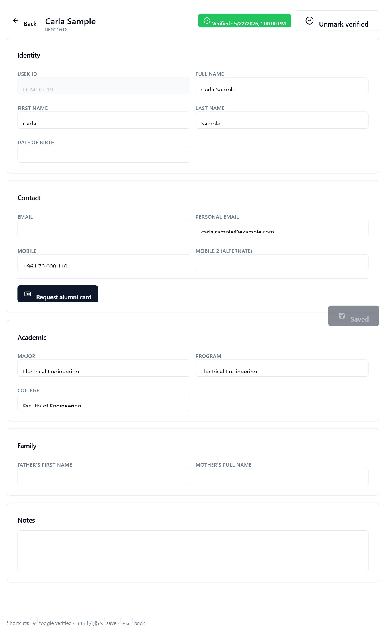 Alumni CRM record detail view showing verification and contact fields