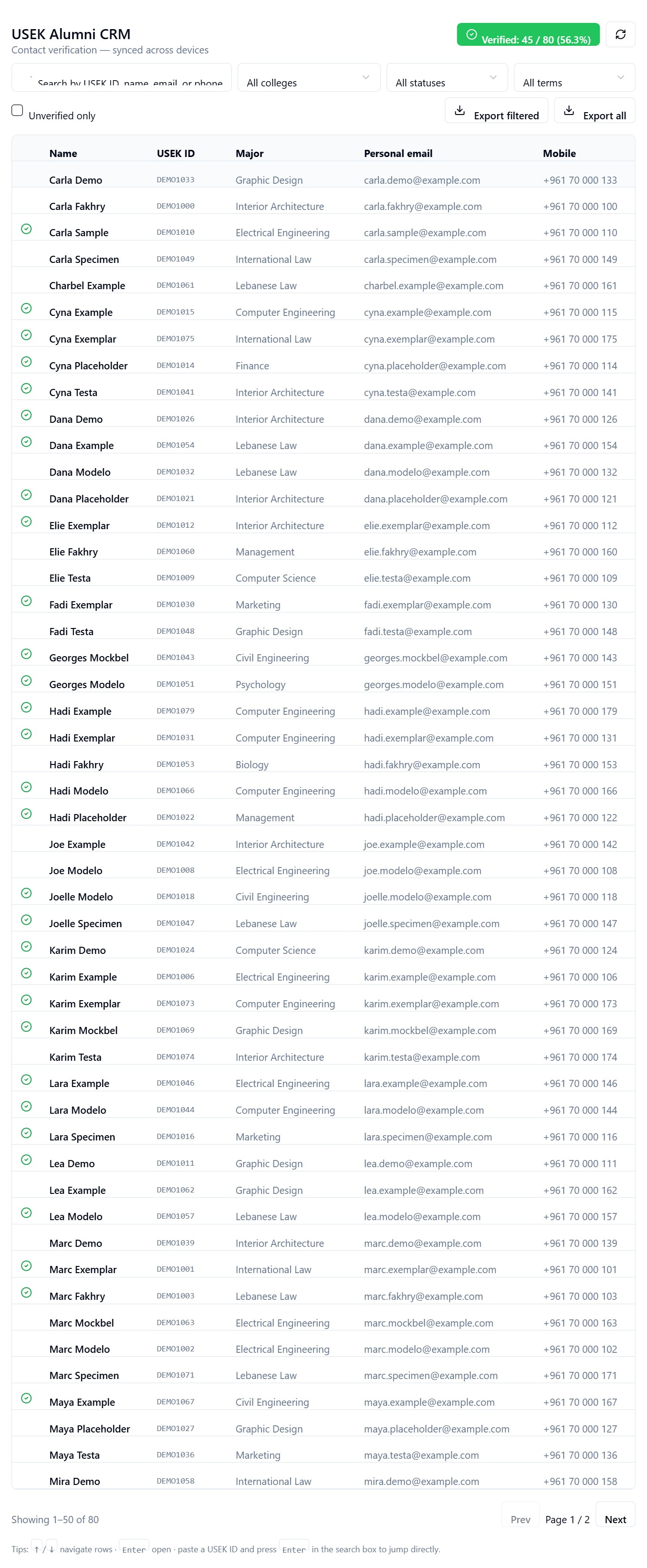 Alumni CRM list view with search, filters, and verification status